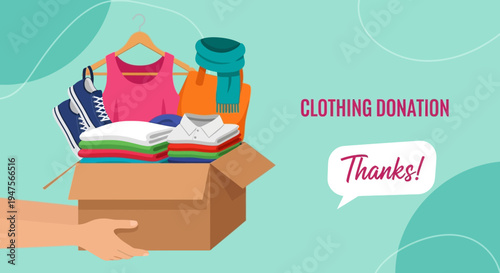 Clothing Donation Concept Illustration with Hand Holding a Box of Clothes and a Thanks Message