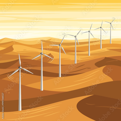 Wind turbines in desert landscape scene.