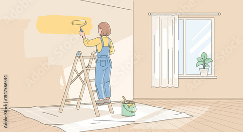 Woman painting a wall with roller.