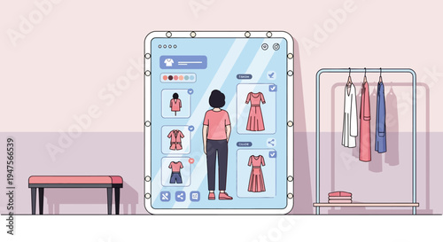 Woman using virtual clothing shopping app.