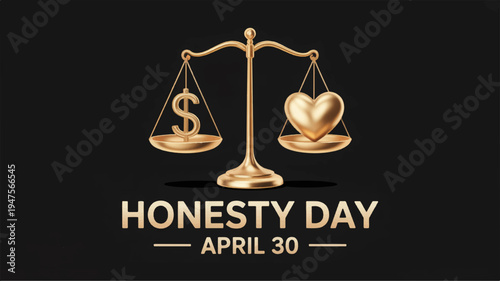 Golden scales with dollar sign and heart on balance honesty day april 30 symbolizing integrity and values