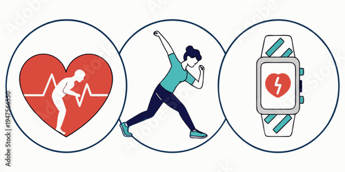 Illustrations of heart health, exercise, and medical care