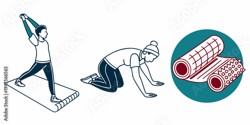 A person performing yoga poses with a rolled-up yoga mat nearby.