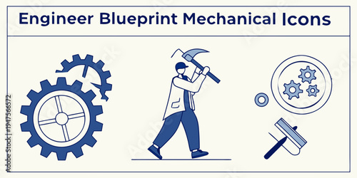 Engineer blueprint mechanical icons featuring gears, tools, and a worker