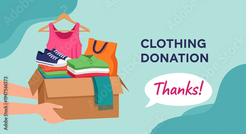 Clothing Donation Banner with Hands Holding a Cardboard Box Filled with Apparel, Shoes, and Hangers for Social Responsibility and Charity Concept Illustration