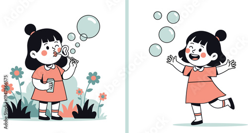 Cute cartoon girl playing with soap bubbles in garden outdoor scene, happy childhood activity, kids fun illustration, playful child character, cheerful lifestyle concept