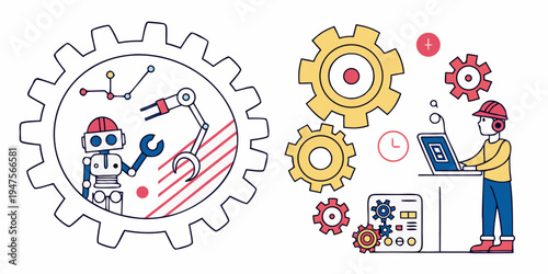 Illustration of diverse people working together on gears and technology