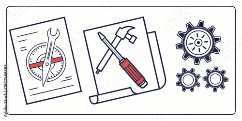 Engineering blueprints and tools with mechanical gears and precision instruments