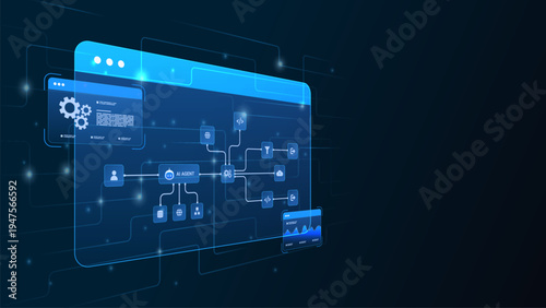 AI workflow automation artificial intelligence. ai agent workflow diagram dashboard machine learning architecture data processing flow, cloud, and automation system.