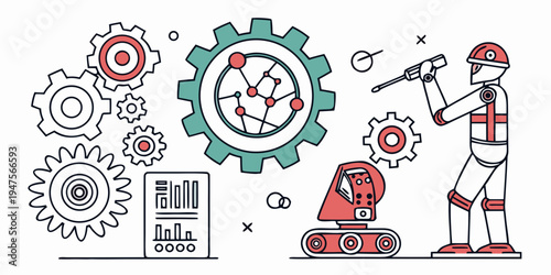 Illustration of various gears, tools, and a person working on a machine