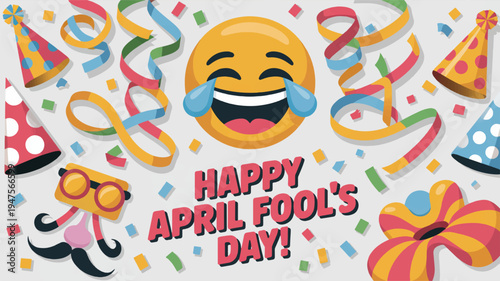 Laughing face with party elements celebrating april fool's day on white background with colorful confetti