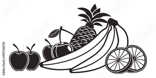 Assorted fruits and a bicycle wheel in a black and white illustration