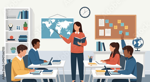 Female teacher teaching geography lesson to diverse students in modern classroom illustration
