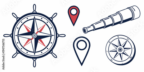 Nautical and travel icons including a compass, ship wheel, and a telescope.