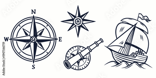 Vintage nautical compass, star compass, and ship illustration