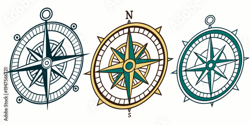 Three ornate compasses with intricate designs and vibrant colors on a white background