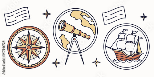 Vintage illustrations of a compass, telescope, and sailing ship on a blue background
