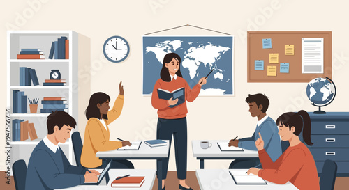 Flat Vector Illustration of a Teacher Giving a Geography Lesson to Diverse Students in a Modern Classroom Setting