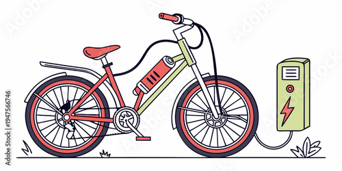 A white bicycle with a red seat and handlebars is parked next to a parking meter.