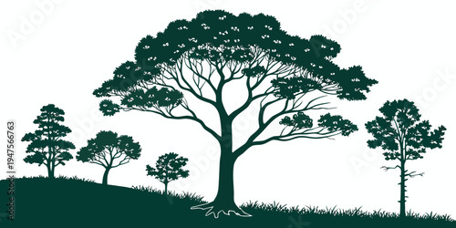 A serene landscape with three tall trees standing on a grassy hill