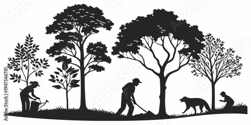 Silhouettes of animals and trees in a serene natural landscape at dusk