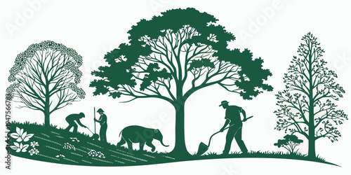 A serene scene of a family enjoying a picnic in a lush forest with various animals