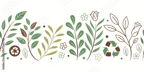 A vibrant and detailed illustration of various plants and recycling symbols.