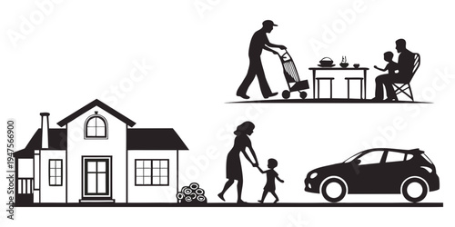 A family engaged in various household and outdoor activities