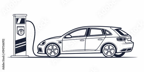 A modern electric car is being charged at a public charging station.
