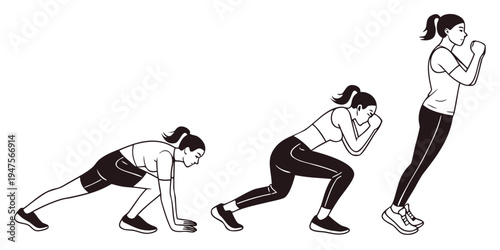 Three women demonstrating different stages of a burpee exercise routine.