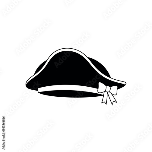 Black and white silhouette of a historical tricorn hat with a bow.