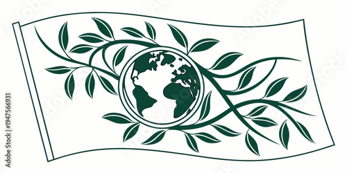 A detailed illustration of a globe surrounded by leafy vines and branches.