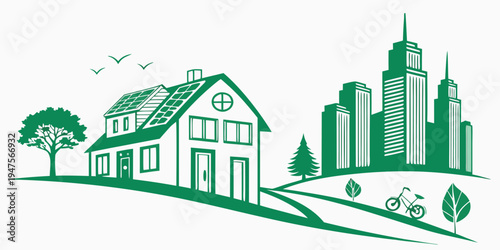 A picturesque scene of a countryside house and a distant city skyline