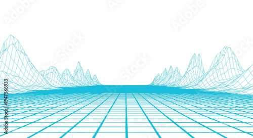 Abstract Digital Wireframe Landscape with Blue 3D Grid Mountains on White Background Retro Futuristic Cyber Terrain