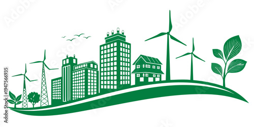 A vibrant cityscape with green buildings and renewable energy sources