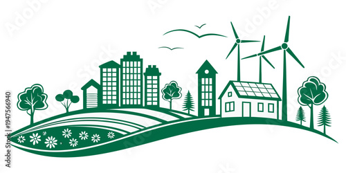 A serene and sustainable town with green energy and eco-friendly buildings.