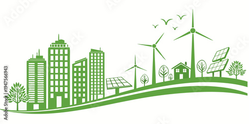 Sustainable cityscape with green buildings and renewable energy sources
