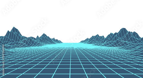 Retro 80s Synthwave Wireframe Landscape with Blue Low Poly Mountains and Perspective Grid on White Background