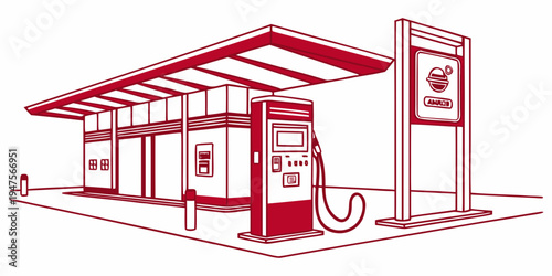 A detailed illustration of a gas station with pumps and a convenience store
