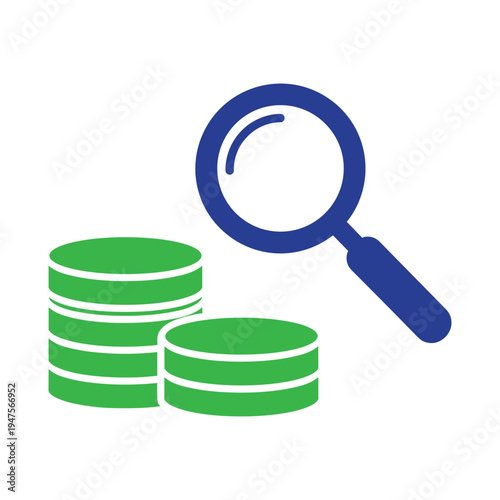 Financial audit icon with magnifying glass and stacks of coins for money analysis