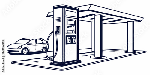 A car is parked at a gas station with two fuel pumps under a shelter.