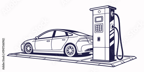 Electric car charging at a modern charging station with a digital display.