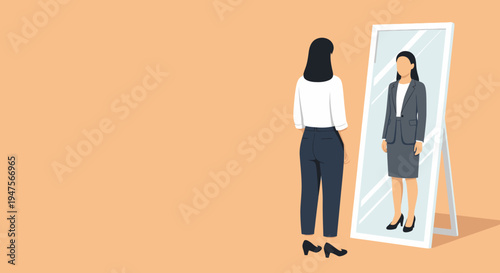 Businesswoman Looking in Mirror Seeing Herself in Formal Professional Suit, Career Ambition, Success Visualization and Professional Growth Concept Illustration