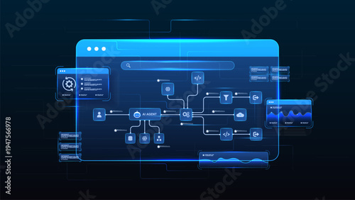 AI workflow automation artificial intelligence. ai agent network diagram dashboard machine learning architecture data pipelines, processing flow, analytics panels and automation system.