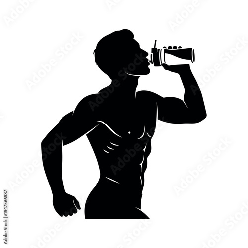 Muscular man drinking from a shaker bottle after workout.