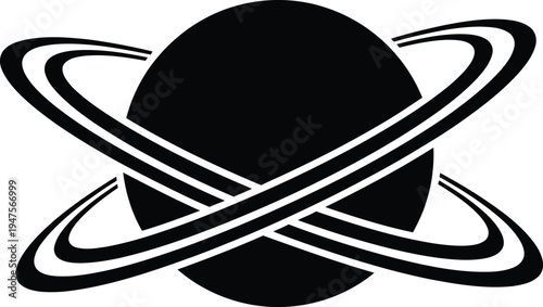 Abstract Black Planet with Intersecting Rings Vector Icon - Modern Minimalist Global Technology Symbol for Business, Science, and Digital Branding