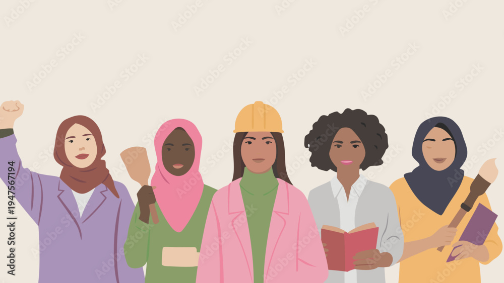Obraz premium Diverse professional women representing different cultures and professions standing together in unity and solidarity with books and documents