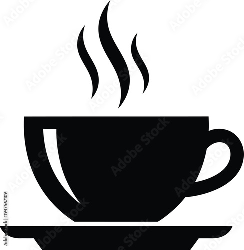 Steaming Hot Coffee Cup Vector Icon Illustration for Cafe Menus, Websites, and Beverage-Related Designs, Black Silhouette on White Background