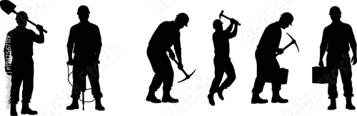 A collection of detailed silhouettes showing construction workers and miners performing various tasks with different tools and equipment.