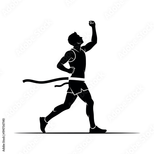 Silhouette of a triumphant runner crossing the finish line.